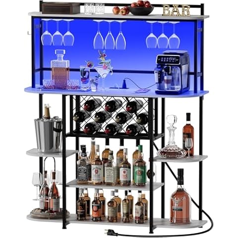 UlSpeed Bar Table Cabinet with Power Outlets, LED Lights, 47in Home Bar Cabinet with Wine Racks, Glass Holder, 5-Tier Metal Liquor Coffee Wine Bar Stand for Living Room (White) Cover