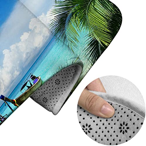 Badezimmerteppich-Set, 3-teilig, Palmen und Fischerboot-Paradiesbild und exotischer Hawaii-Strand, waschbare Badeteppiche, rutschfest, mit Rückenpolster, Konturteppich und Toilettendeckelbezug – Bild 5