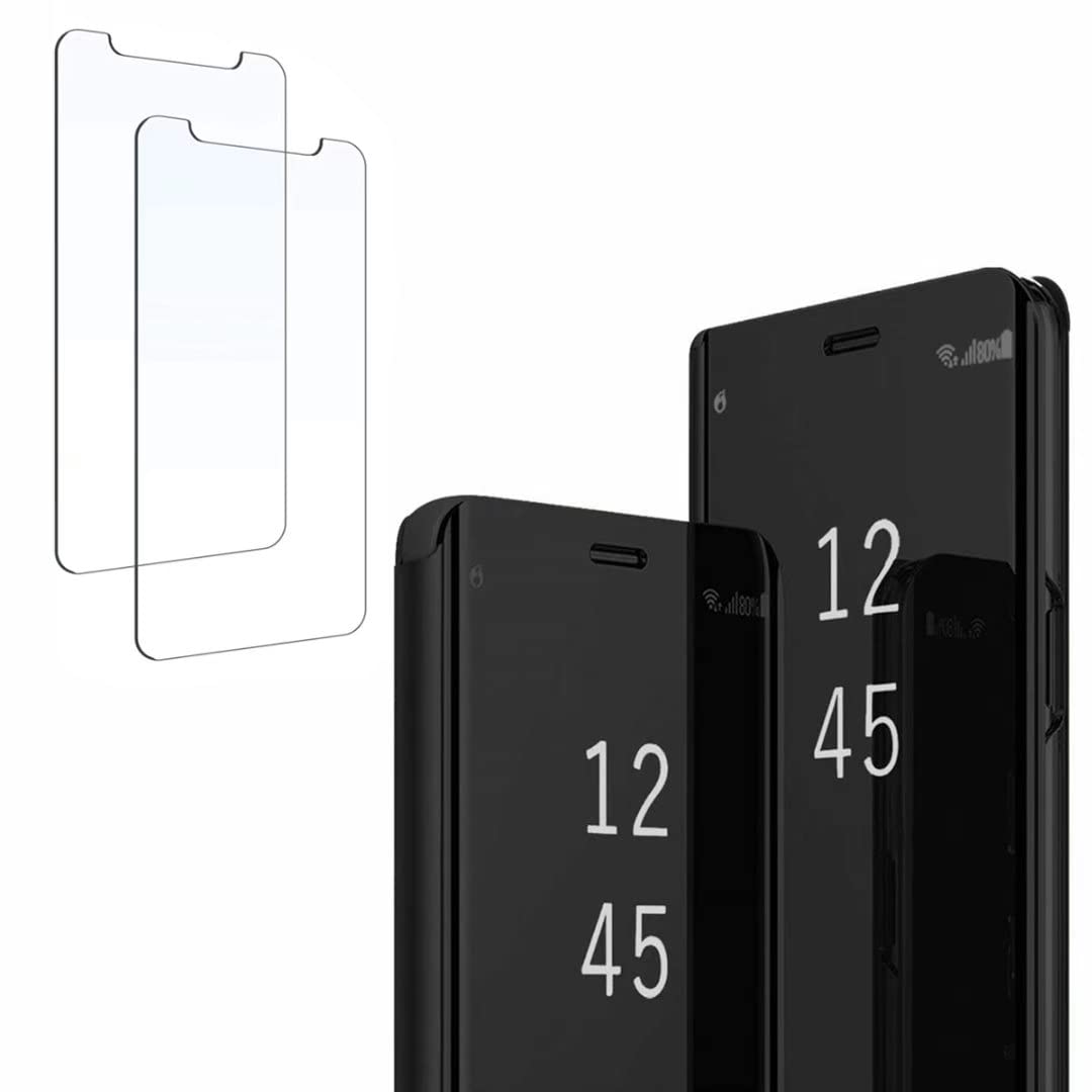 Dalchenfor Samsung Galaxy S10 Lite 2020 Mirror Flip Case, Kickstand,Smart Clear View Electroplate Shockproof Full Body Protective Phone Cover,2 Tempered Glass Screen Protector-Black