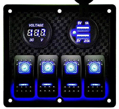 MKING 4 Gang / 6 Gang Car Marine Boat Circuit RV LED Toggle Rocker Switch Panel Breaker Voltmeter with Fuse Double USB for RV Car Boat Blue/Red/Green Light