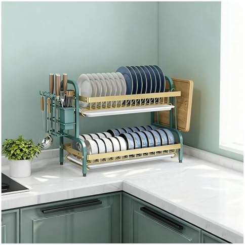 Dish Drying Rack, 2 Tier Space-Saving Dish Rack, Detachable Large Capacity Dish Drainer Organizer with Drain Tray, Utensil, Cup Holder Rustproof Carbon Steel(Black-2 Tier,L)