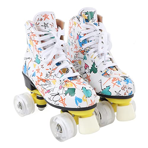 Roller Skates Classic High top Skates Size 6 Double Row 4 Wheel Roller Skates White Graffiti Roller Skates Skating Shoes for Kids Adults