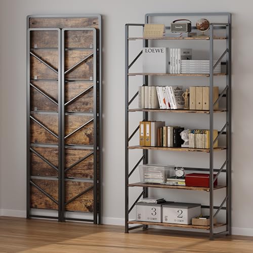 Image of JSB No Assembly Folding Bookshelf, 6 Tier Industrial Metal Book Shelf for Storage, Vintage Wood Foldable Bookcase for Living Room, Bedroom, Office Organization Shelves