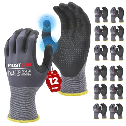 Mustbau 12 Pares de Guantes de Trabajo con Pantalla Táctil y Puntos Negros, Guantes de Nitrilo Resistentes a la Abrasión y Ventilados, Ideales para Trabajo, Jardinería, Mecánica, Construcción (Gris,L)