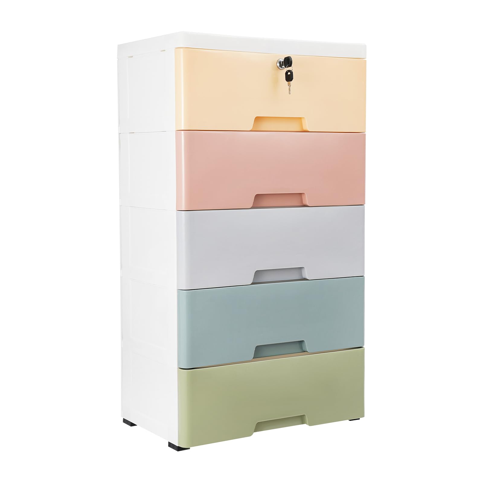 Fioiuetx Plastic Storage Dresser with Wheels - Easy Pull Fabric Bins - Organizer Unit for Home Closet Bedroom Bathroom Office Laundry Kitchen Craft Room and Dorm(with Lock, 5 Der, Macaron Color)