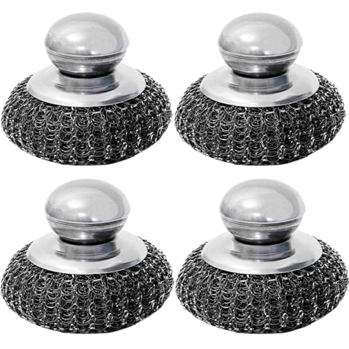 Image of Steel Wool Scrubber with Handle, Heavy Duty Dish Scrubber, Steel Brush for Cleaning Pots, Pans, Grills, Sink (4 Pack)