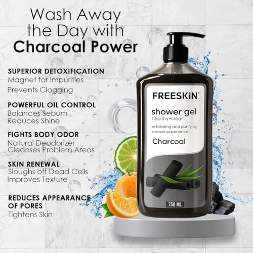 Image of Freeskin Charcoal Shower Gel-750ml Healthy + Clear - Deep Detoxifying Body Wash with Activated Charcoal for Clear, Healthy Skin - Removes Impurities, Controls Oil, and Refreshes - Suitable for All Skin Types - Paraben & Sulfate Free