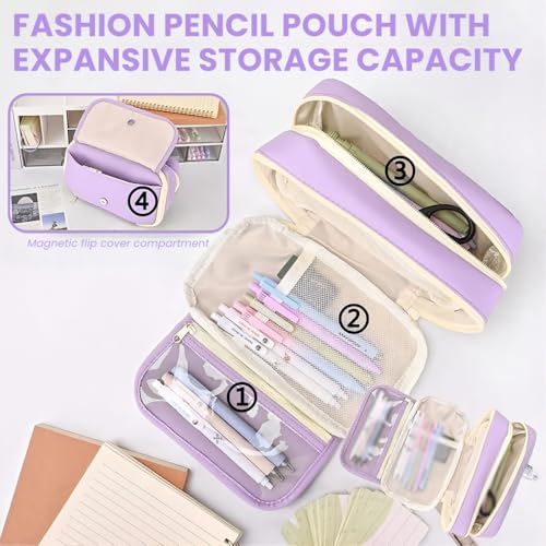 Image of Zibuyu Large Capacity Student Pencil Pouch for Girls & Boys, Fashion 9-Layer Pencil Case Bag, Zip-up Pencil Organizer, Multipurpose Pouch for Stationery Items, Makeup, Accessories, Purple