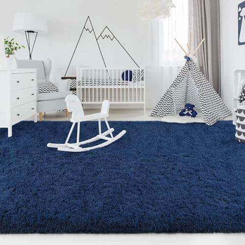 Image of AROMICK Modern Polyester Anti Slip Shaggy Fluffy Rug and Carpet for Living Room, Bedroom & Dining Room (4 x 6 Feet, Blue)