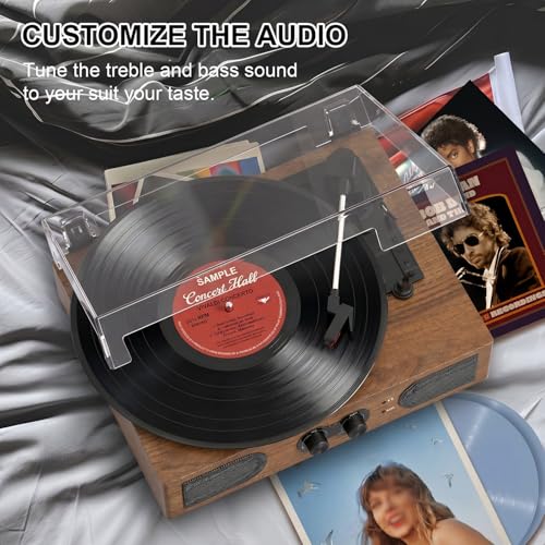 Image of Vinyl Record Player with Built-in Stereo Speakers, 3-Speed Belt-Drive Turntable, Treble & Bass Control, RCA-Out /AUX-in, 3.5mm Headphone Jack-Vintage LP Player for Home & Gifts, Walnut