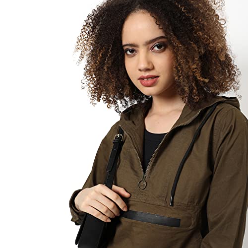 Image of Campus Sutra Women's Olive Green Solid Utility Jacket With Cuffed Sleeves For Casual Wear | Hooded Neck | Long Sleeve | Zipper Closure | Cotton Jacket Crafted With Comfort Fit For Everyday Wear