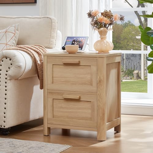 Image of Joaxswe Farmhouse Night Stand Set of 2 with Charging Station, Natural | Bedside Tables Set of 2 for Bedroom with 2 Deep Drawers & 4 Noise-Reducing Feet & Rounded Corners