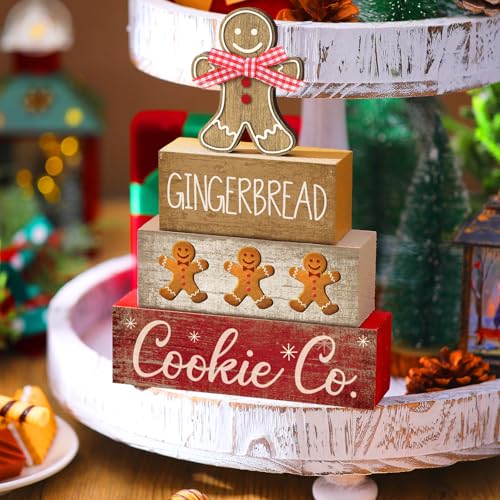 Image of Moucuny 4 Pcs Christmas Table Decor Gingerbread Man Decoration Christmas Centerpiece Winter Tiered Tray Decor Rustic Gingerbread Block Signs Gift Winter Table Decoration for Xmas Party Kitchen Home