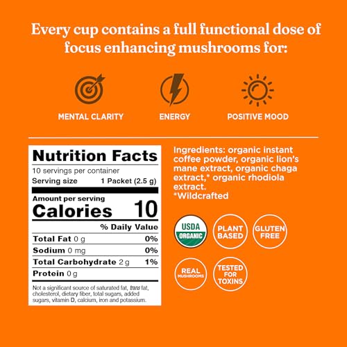 Four Sigmatic Focus Organic Mushroom Coffee | Instant Mushroom Coffee Mix with Lion's Mane, Chaga and Rhodiola for Better Focus and Immune Support | 10 Packets