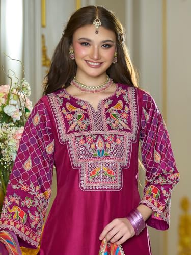 Image of INDO ERA Women's Silk Blend Ethnic Motifs Embroidered Straight Kurta & Pant with Dupatta Set (IEOUT12101)
