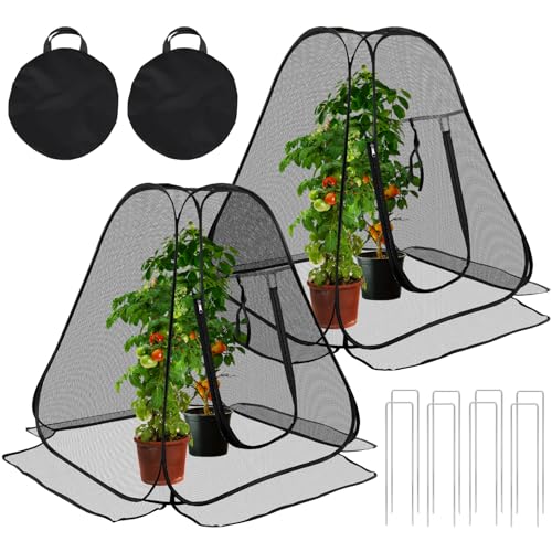 RGQSUN 2 Pack 28 x 28 x 32 Inch Pop-up Gardening Net Cover,Pest Guard Cover with Zip Entry and 8 Stakes,Fine Mesh Plant Tents for Vegetables Fruits Flowers