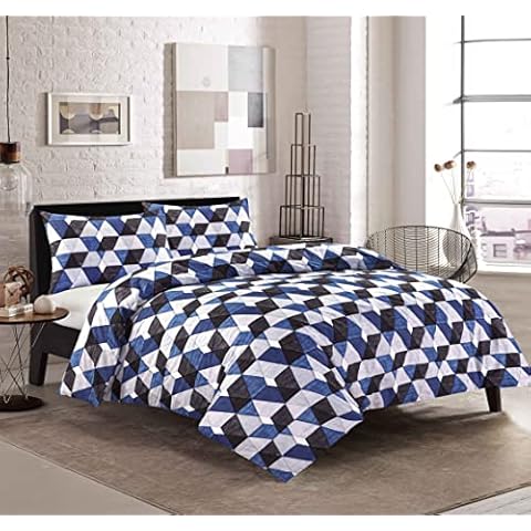 HBS Ltd Geometric Triangles Shapes Blue Grey Denim Look Easy Care Reversible Modern Printed Duvet Cover and Pillowcase Bedding Set… (Double) Cover