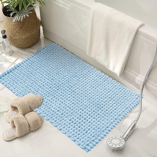 Image of SANMARINO Non Slip Chenille Bath Mat, Extra Soft Bathroom Mat, Super Absorbent Fluffy Bath Mats for Bathroom, Machine-Washable Quick Dry Bath Rug Foot Mat, 16 inchx24 inch, Blue