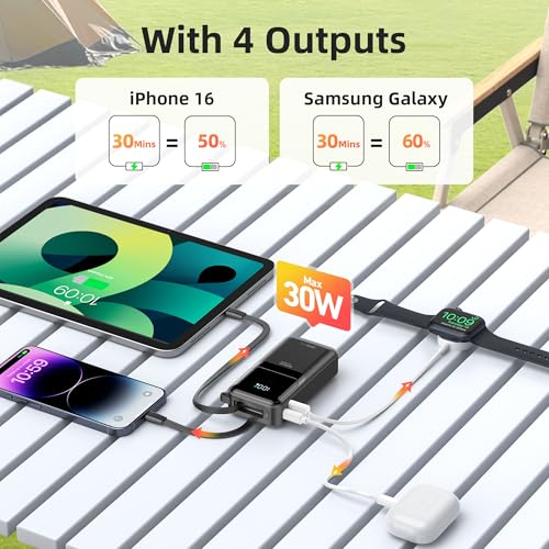 Image of PD 30W Fast Charging Portable iPhone Charger 10 000mAh Mini Size Power Bank with Built in USB C & Lightning Cable, LED Display, Travel Battery Pack for iPhone 16 /15 /14 /13 Series Samsung etc