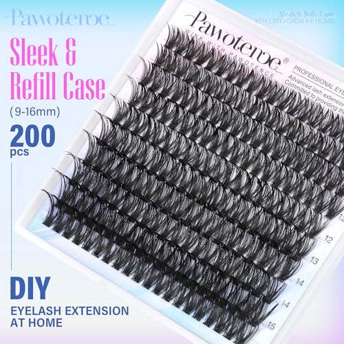 Image of Pawotence Lash Clusters 200pcs Individual Lashes 50D Cluster Eyelash Extensions 9-16mm Eyelash Clusters Lash Extensions for Self Application (50D, 0.07D, 9-16mm Refill)
