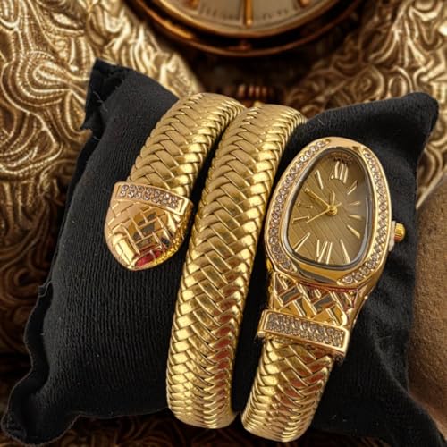 Image of Snake Wrap Watch for Women | Gold Plated Stainless Steel Bracelet Watch | Brown Leather Strap | Quartz Analog | Crystal Accent Dial