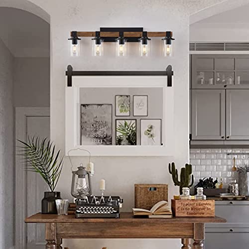 Image of DUJAHMLAND Farmhouse Vanity Lights, 5-Light Wood Bathroom Wall Lighting with Clear Glass, Industrial Metal Wall Sconce for Bedroom, Kitchen, Hallway (Antique Wood, 5-Light)