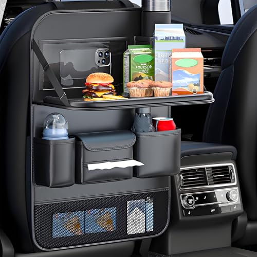 FASTAGEI Universal Foldable Car Backseat Organizer with Table Tray, Car Seat Back Protector with Touch Screen Phone Holder, Premium Leather Kick Mats Protector with Storage Pockets Tissue Holder