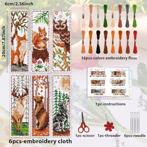 Image of ACRNIGHEET 6 PCS Cross Stitch Bookmark Kit Animals Patterns DIY Stamped Embroidery Bookmark Kit DIY Bookmarks Crossstitch Kits Adul Stamped Embroidery Bookmarks with Instructions 11CT