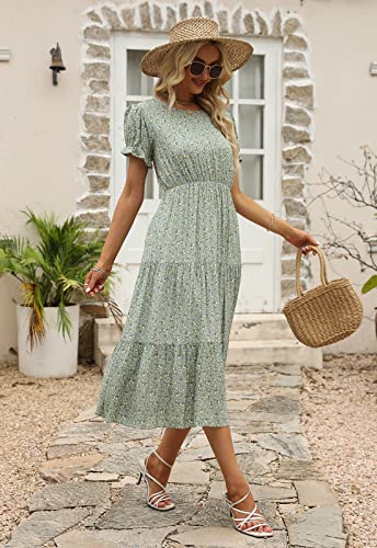 Image of NAVINS Womens Floral Print Modest Wedding Guest Midi Dress with Pockets | Puff sleeve tiered boho dress for summer, church, and vacations. Elastic waist, Below knee, hand or machine wash.