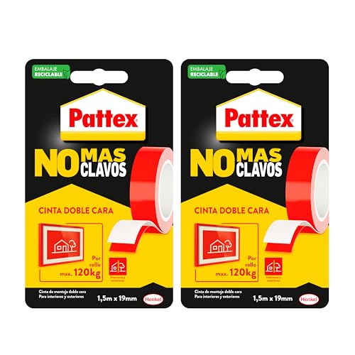 Pattex No Más Clavos Cinta, cinta adhesiva para aplicaciones permanentes, cinta de doble cara extrafuerte, adhesivo de montaje para interior y exterior, 19 mm x 1,5 m (Paquete de 2)
