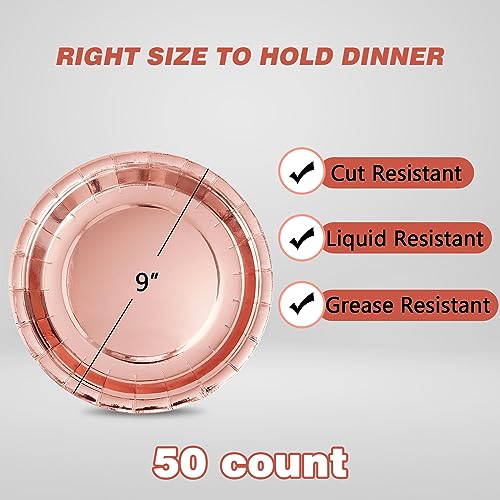 Image of Rose Gold Disposable Paper Plates, 9 Inch Dinner Plates, 50 Count Bulk