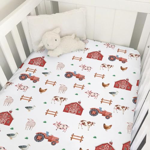 Image of Watercolor Farm Animals Baby Crib Sheet 52''x28'' Farmhouse Barn Chicken Pig Duck Tractor Fitted Crib Mattress Sheet Covers for Boy Girl Baby Nursery Bed Sheets for Standard Crib Mattress