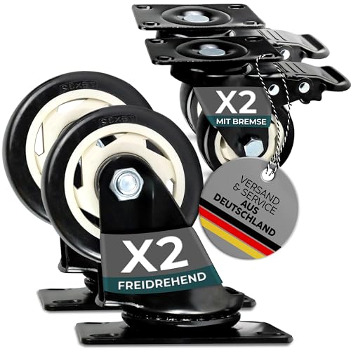 FROSAL Lenkrollen 75 mm mit Sicherheitsbremse – 4er Set - 2 gebremst + 2 freidrehend – 260 kg Tragkraft gesamt – Transportrollen & Möbelrollen – Gummi-Lauffläche & Stahlgehäuse