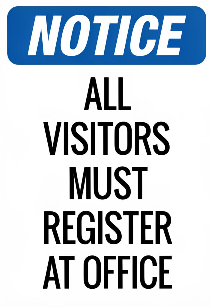 peiyeety Notice All Visitors Must Register at Office Tin Sign 12x8 Inch, Bold Blue & White Metal Wall Plaque, Durable Indoor/Outdoor Safety Message for Office, Lobby, Warehouse, School