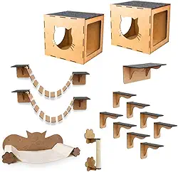 BOXFAN Kit Playground Gatos 15 Peças, Móvel para Gato em Mdf com Prateleiras, Nichos, Escada, Arranhador Sisal Gatil, Rede de Descanso Pet, Circuito para Gatos