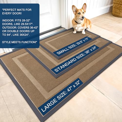 OLANLY Front Door Mat Indoor Outdoor Entrance, Waterproof All-Season, All-Weather Doormat, Sturdy Natural Rubber, Fade Resistant, Low Profile, Easy Clean Patio Porch Entryway Mat, 29.5x17, Light Brown