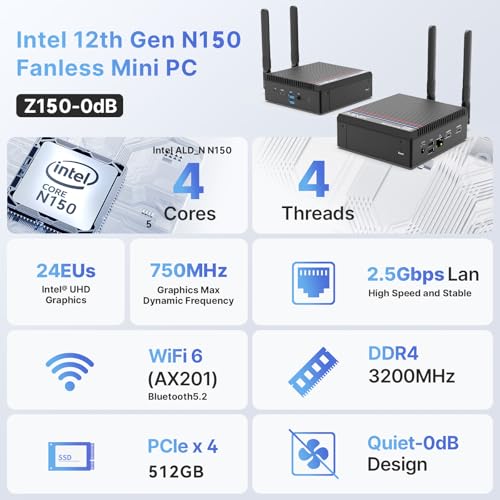 Image of MINIX Z150-0dB Fanless Mini PC, Intel N150 (Upgraded N100), 16GB DDR4 /512GB PCIe Gen3 x 4 SSD /4K Dual Display /2.5G LAN /USB-C /Windows 11 Pro /Auto Power On, for Home Office Industrial and Commercial
