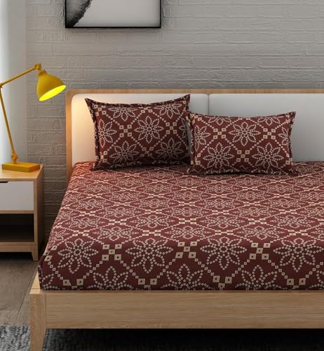 ULOM 350 TC Premium Heavy Cotton Feel Elastic Fitted Bedsheet King Size with 2 Pillow Covers Double Bed with All Around Elastic (New Wine1, Fitted Queen-60x78) 3 Pieces