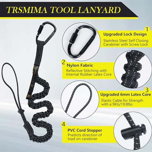 Image of TRSMIMA Safety Tether Lanyard Tool - Fall Protection Retractable Lanyard with Single Aluminum Screw Lock Carabiner Metal Buckle Adjustable Loop End Maximum Weight Limit 17.6lb