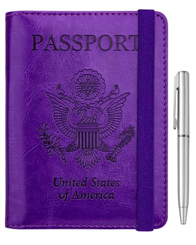 Image of WALNEW Passport Holder for Travel, RFID Passport Cover Wallet for Women Men, PU Leather Passport Book Card Holder Case with Pen, Travelling Essentials for Flying, A-Purple, One_Size, Elastic Band