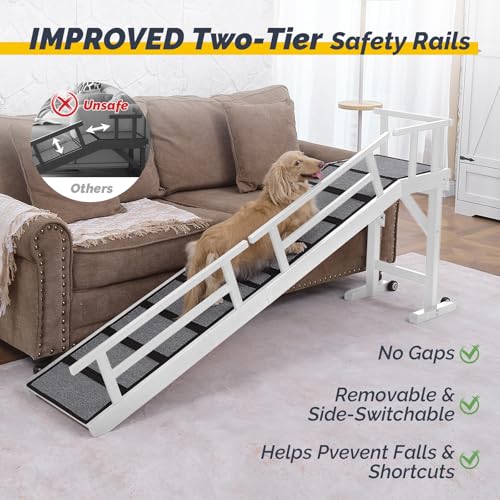KUVETO Dog Ramp for Bed or Couch, Wooden Pet Ramp with 20° Gentle Slope, Removable Side Rails, Non-Slip Surface, Top Platform & Wheels, Safe Bed Ramp for Small, Large & Senior Dogs, 74" Long, White by KUVETO - Image 6