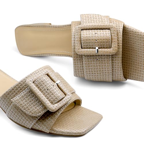 Image of Women's Slide Heeled Sandals Opened Square Toe Chunky Block Heel Slippers with Buckle Slip on Casual Comfortable Pumps
