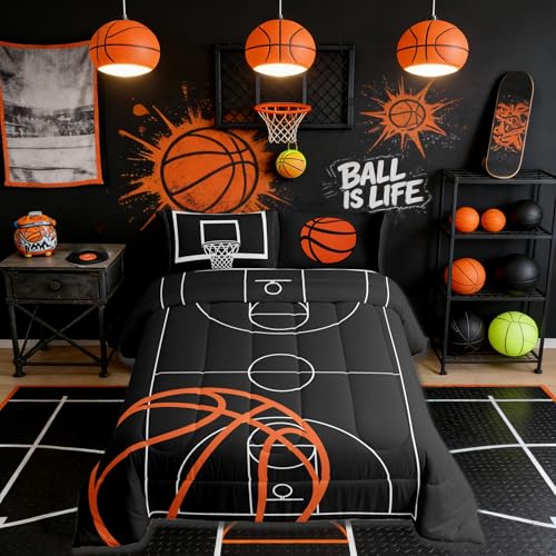 Castle Fairy Basketball Court Print Comforter Set for Kids Boys Ball Sports Games Themed All Season Cozy Bedding Set Twin Size Orange Basketball and Hoop Quilt Set Home Decor Children Birthday Gift