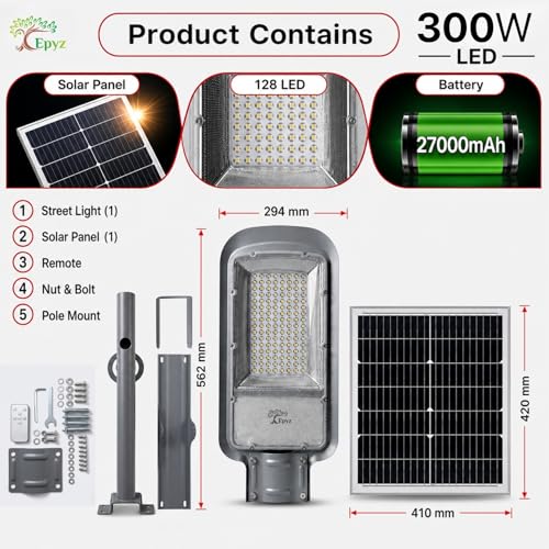 Image of Epyz 300 Watt Semi-Integrated Solar Street Light Aluminium Body Outdoor with Remote and Dusk to Dawn for Garden, Street, Lawn [ 128LED, 27000mAh, Pack of 1, Cold White Light ]