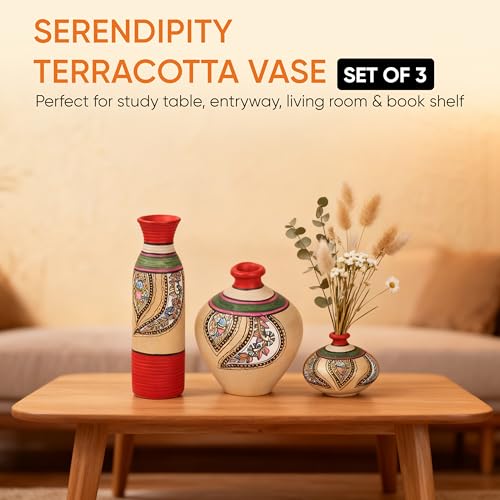Image of Aakriti Art Creations Salina Vases Set of 3 | Hand-Painted Madhubani Art Terracotta Flower Vases | Multicolor Matte Finish Decorative Vases for Living Room, Table Decor & Gifting