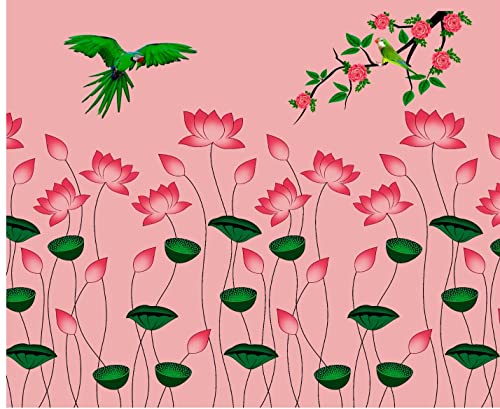 Image of zeonelymart Lotus Design Backdrop Cloth for Special Occasions,Traditional Ceremonies Parrot with Lotus Design Satin Fabric Size : 8 Feet Length * 8 Feet Width (Pink) godi padwa Background