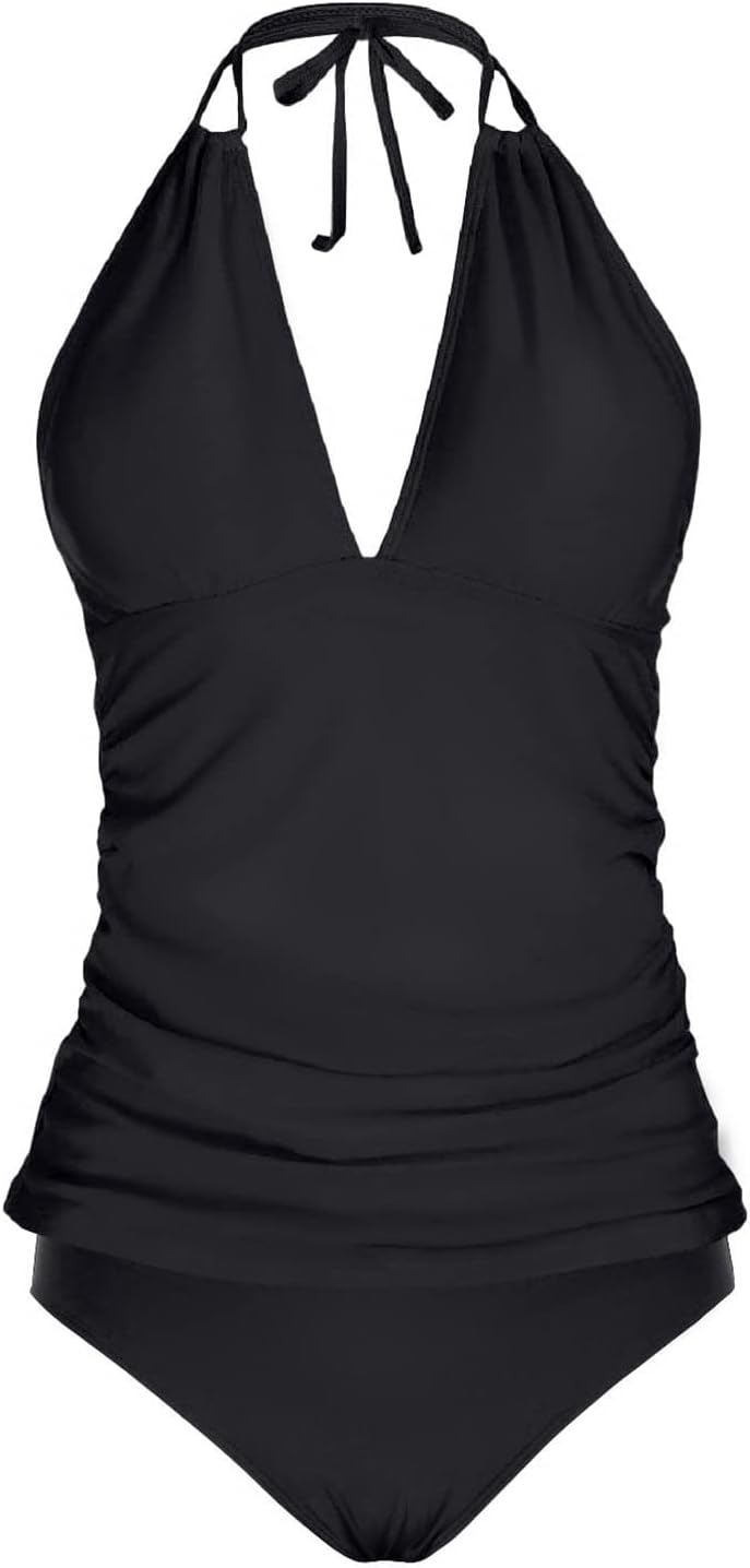 Yonique Womens Two Piece Swimsuits Tummy Control Tankini Plus Size Bathing Suit Halter V Neck Swimwear - Image 4