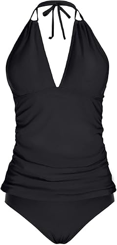 Miniatura 4 de Yonique Traje de baño de dos piezas para mujer, tankini con control de abdomen, talla grande, cuello halter en V