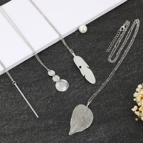 Long Necklaces for Women,4 PCS Fashion Pendant Necklace Jewelry Long Silver Necklaces Set Bar Feather Necklace Circle Leaf Lock Tassel Y Necklace Jewelry Set Statement Necklace for Women Trendy2