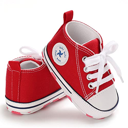 Unisex Baby Girls Boys Shoes Infant Soft Sole Canvas Newborn First Walkers High Top Anti-Slip Sneakers (a1/Red, 0-6 Months)